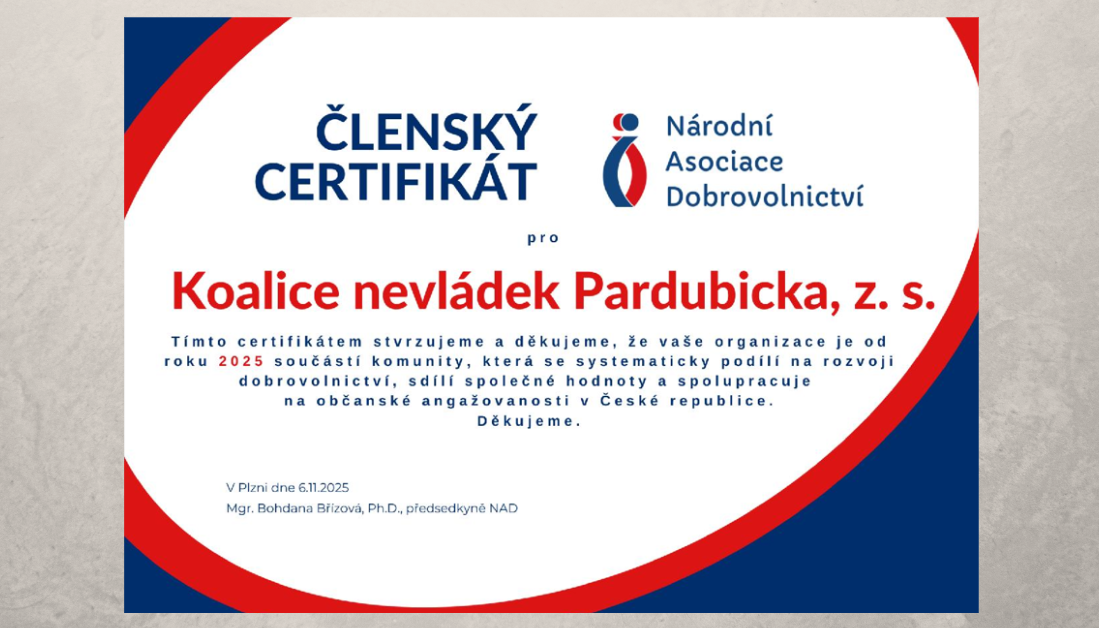 Koalice nevládek Pardubicka se stala členem Národní asociace dobrovolnictví