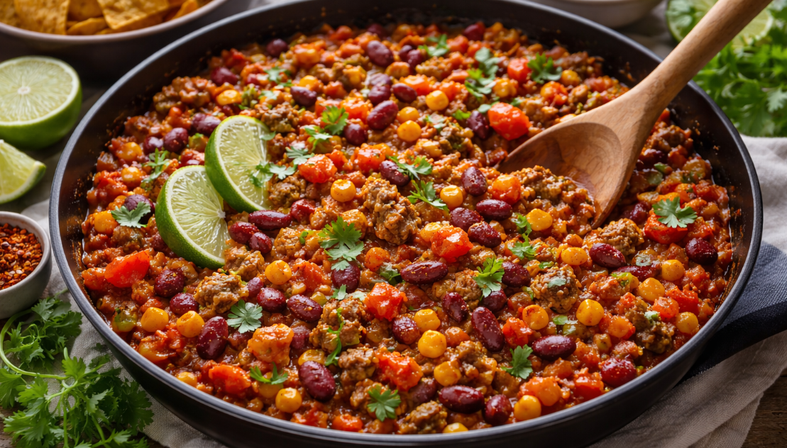 Mexická pánev s mletým masem a fazolemi