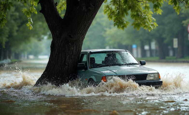 Auto pod stromem ve vodě. Povodeň. Vliv klimatických změn na pojištění: Co to znamená pro vás